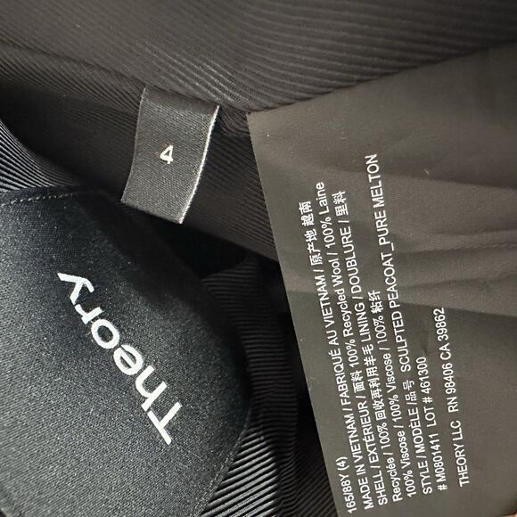 Theory Wool Coat Womens 4 Black Peacoat Double Breasted Money Staple Business - Picture 14 of 15